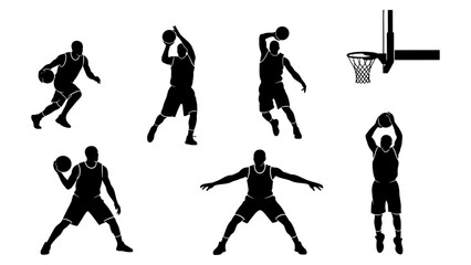 Basketball player silhouettes set featuring athletes dribbling shooting and dunking for sports graphic design © Zyariss
