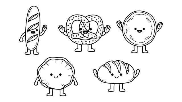 Kawaii cartoon bread characters set with smiling faces for bakery mascot and children coloring book page