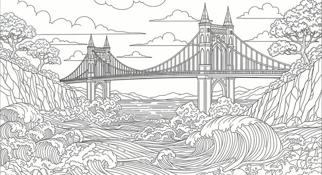 Majestic Bridge Over Raging River, Dramatic Landscape Coloring Page