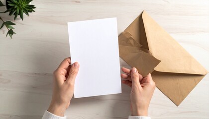 Obraz premium Top of view close up hand woman holding white blank a4 paper and brown envelope