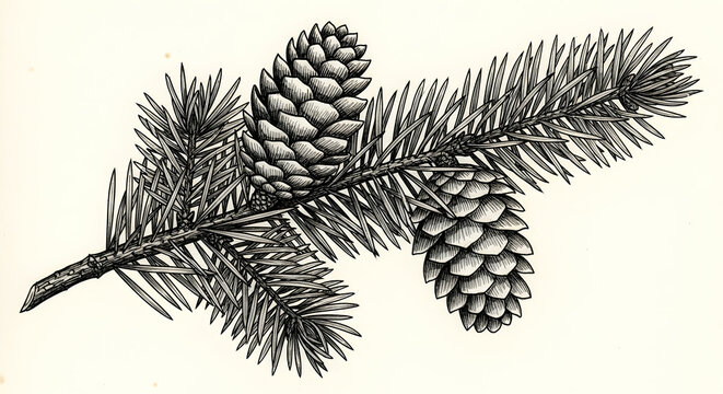 Pine Tree Branch with Cones - Vintage Botanical Illustration