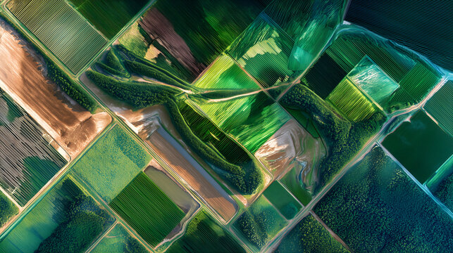 Aerial view of green farmland fields with agricultural patchwork landscape and drone top view farming pattern