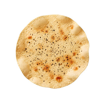 Crispy roasted papadum with black pepper top view isolated. Indian flatbread snack , isolated on white or transparent background, PNG Format.