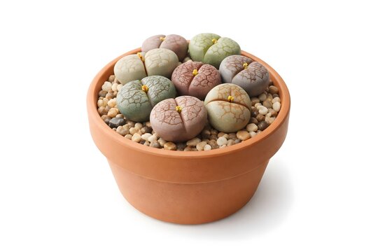 Blooming lithops succulents with tiny flowers