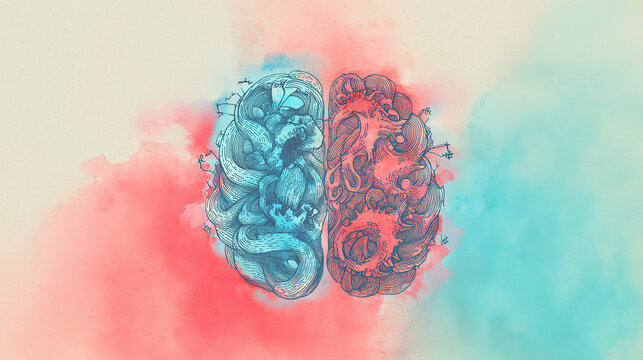 An abstract brain illustration with dual-tone design, representing cognitive functions artistically. STEM education sheets, lab safety posters, designed for biotech research communications.
