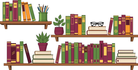 Colorful bookshelves with books plants pencils and glasses on white background bookshelf © MstFerdausi