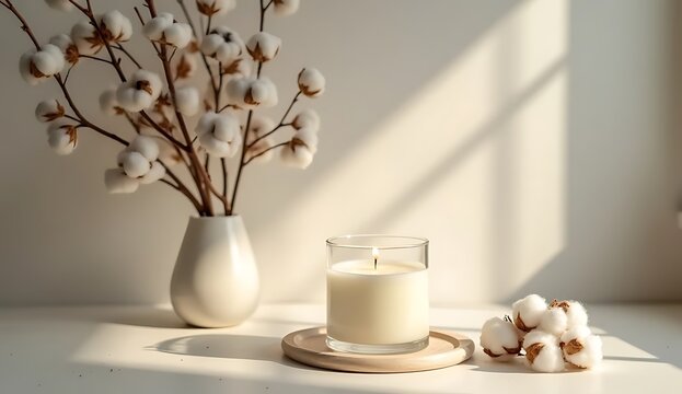 Cozy home atmosphere concept with burning candle and soft cotton branch.