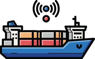 Obraz premium Container ship is depicted transmitting data via wireless signals above its cargo, symbolizing maritime tracking technology.