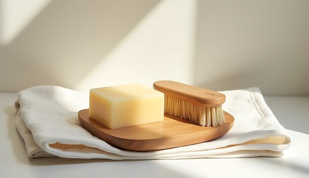 Sustainable bathroom accessories with organic soap bars and wooden brushes, zero waste concept.
