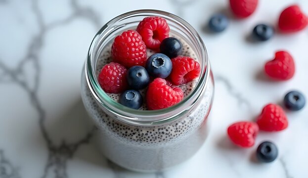 Layered parfait dessert with berries, yogurt, granola, and chia seed pudding, macro shot.