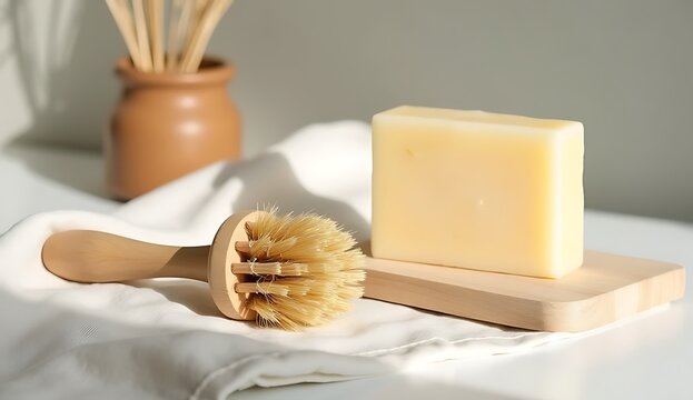 Sustainable bathroom accessories with organic soap bars and wooden brushes, zero waste concept.