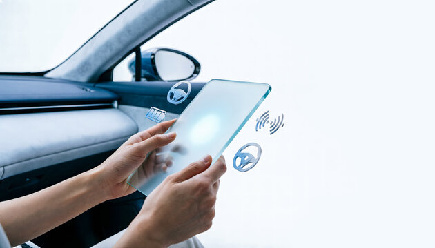 Smart Interior Design, Hands holding a glass tablet projecting 3D minimalist interior symbols and a holographic material palette.