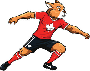 Naklejka premium A cartoon illustration of an athletic boy soccer player in action running to kick a football goal during a team sports competition vector drawing