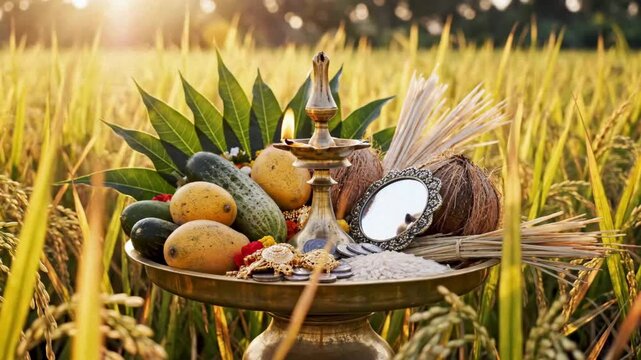 Festive puthandu kanni, kuthuvilakku, mangai pachadi in golden rice field, celebrating tamil new year.