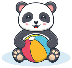 Obraz premium Cute Panda Holding Colorful Beach Ball Summer Season Fun Holiday Vacation Cartoon Illustration
