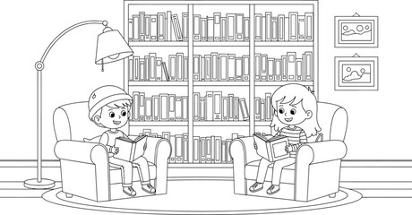 Two children sitting in armchairs reading books in a cozy library room with bookshelves and a floor lamp © MstFerdausi