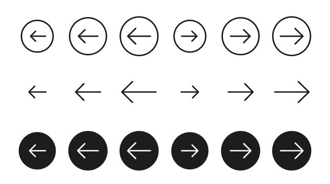 Arrow buttons icon set. Website slider navigation symbols. Next and previous rounded buttons for app. Web interface arrow buttons isolated illustration.
