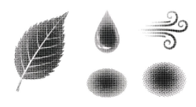 Halftone dots pattern illustrations of leaf water drop wind and circles