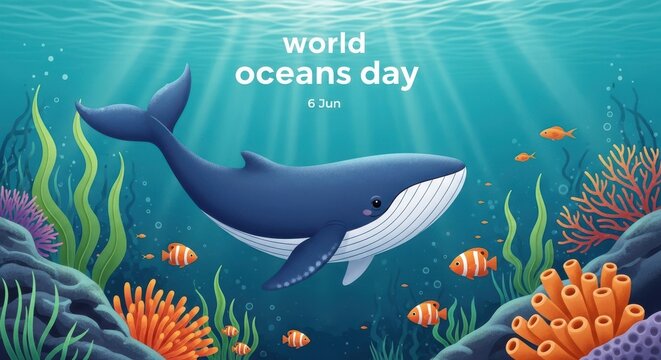 World oceans day illustration with a cute whale swimming in the deep blue sea surrounded by colorful coral reefs and tropical fish