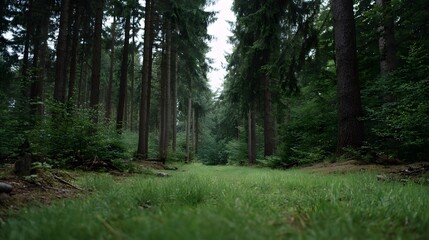 Obraz premium A low angle view looking down a grassy path through a dense evergreen forest under an overcast sky