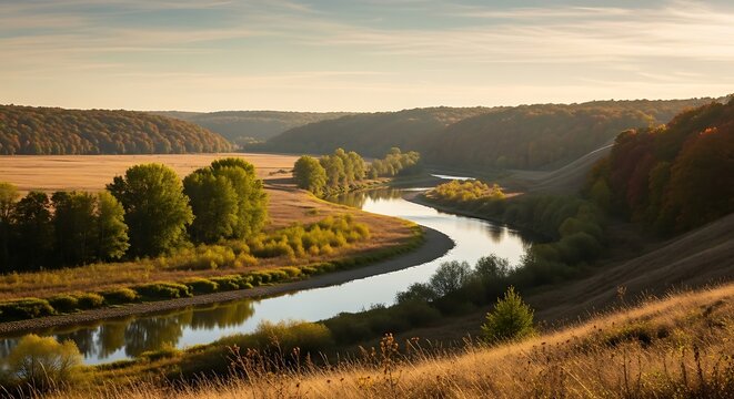 Serene river landscape with trees and rolling hills at sunset