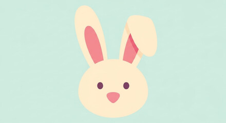 Obraz premium Cute cartoon bunny face with pink ears and nose on light blue background smiling sweetly