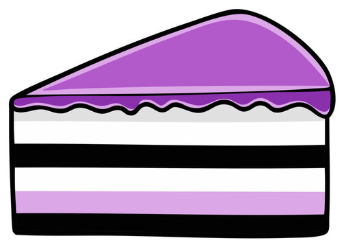 Cartoon slice of cake with layers in the asexual pride flag colors
