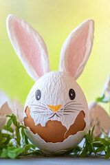 Obraz premium A happy Easter bunny sitting next to a basket of colorful eggs