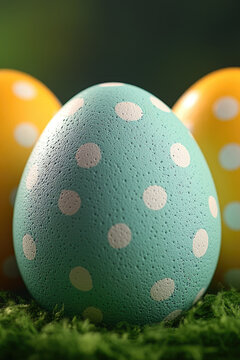 Three Easter eggs sit atop a lush green field, ready to be hunted