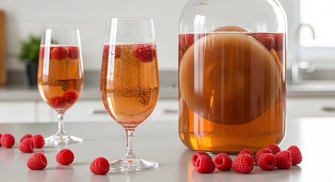 Refreshing Homemade Raspberry Kombucha Fermented Tea with SCOBY in Glass Jar on Light Kitchen Counter for National Tea Day