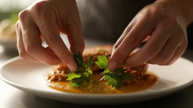 Hands carefully garnishing a gourmet dish with fresh herbs, adding a final touch of culinary artistry.