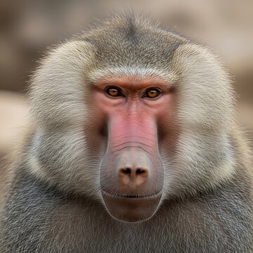 Close-up of a baboons face, showcasing detailed features and expression.
