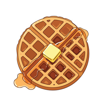 A golden brown waffle topped with melted butter and dripping syrup