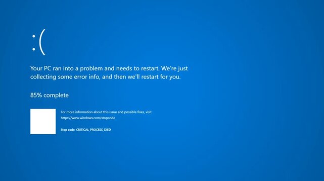 Windows Blue Screen of Death BSOD System Error Screen with Critical Process Died Stop Code and Progress Bar Loading 4k Technical Background
