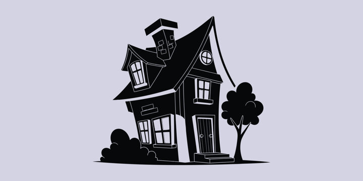 A black and white illustration of a haunted victorian house with a tree