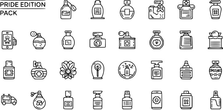 "PRIDE EDITION PACK" of diverse perfume and fragrance bottle line icons, ideal for beauty, cosmetics, and scent product illustrations and digital designs.