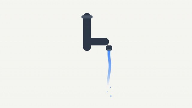 Minimalist dark grey water tap leaking blue water drops continuously on a light background.