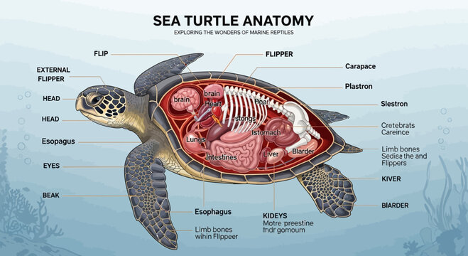 Educational Sea Turtle Anatomy Diagram with Internal Organs