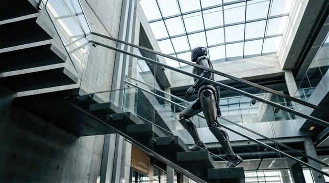 Humanoid robot walking up stairs in modern office building. Artificial intelligence development concept. Futuristic technology and automated mechanical machine climbing steps in industrial