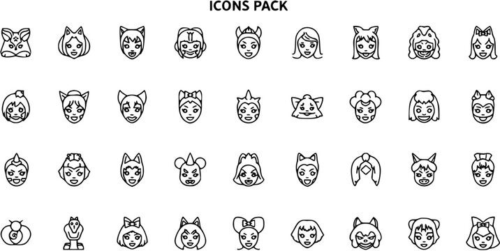 Anime Manga Female Faces  Animal Character Heads Outline Icons Pack - Cartoon Girl Avatars Set for Web, App, UI Design