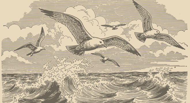 Vintage Engraving Style Illustration of Seagulls Flying Over Rough Ocean Waves