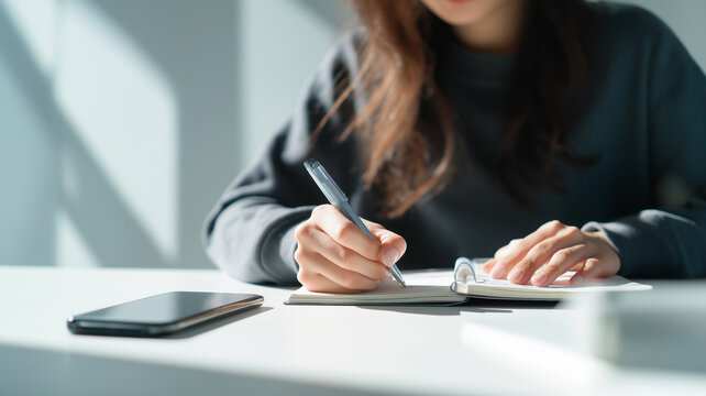 ノートに書き込みながらスマートフォンを活用する女性の作業シーン