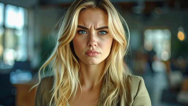 Blonde woman pointing directly forward with stern expression conveying accusation
