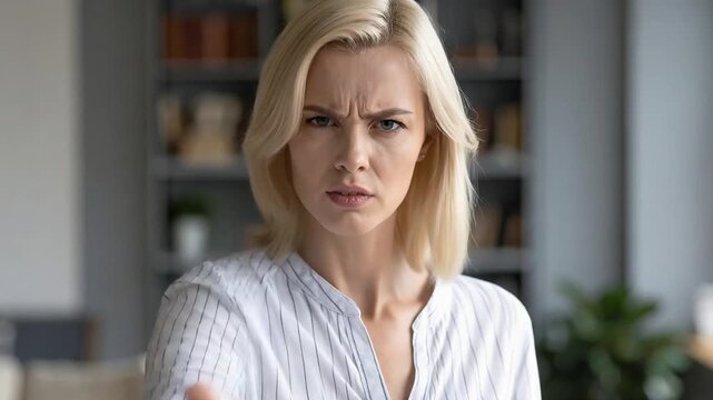 Woman pointing finger toward viewer expressing anger confrontation and authority