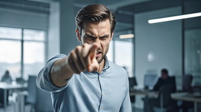 Man pointing finger aggressively toward camera conveying accusation and anger
