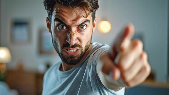 Angry man pointing forward with intense stare expressing conflict and authority