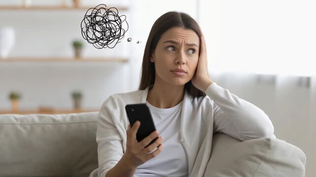 Young woman sitting on couch using smartphone with confused stressed thought icons