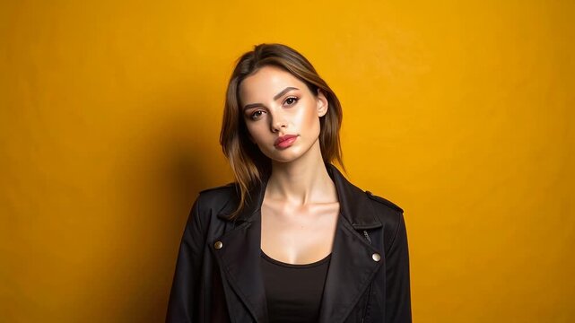 Confident woman in black blazer posing against yellow studio background for modern business portrait