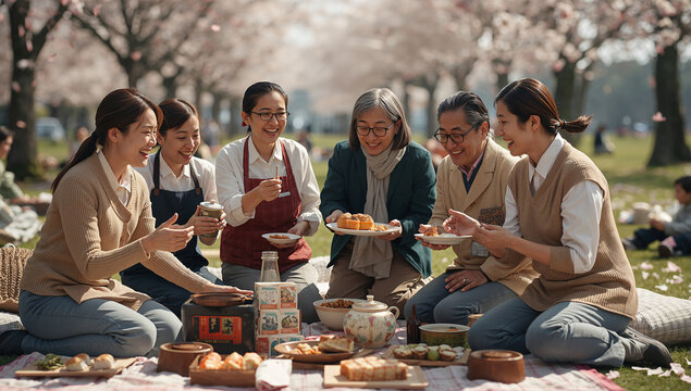 桜の下で手作り料理を持ち寄り花見宴を楽しむ東アジア人地域住民の春