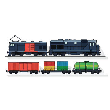 Two locomotives pull a train with containers and a tanker car